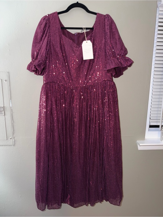 Ivy City Co Dresses & Skirts - Ivy City Co Plum Sequin Midi Dress with Puff Sleeves
